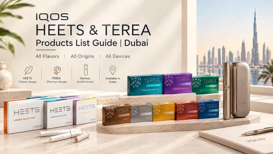 IQOS HEETS and TEREA products list guide featuring tobacco-stick packs and an IQOS ILUMA device in a premium Dubai-inspired setting.