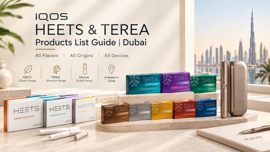 IQOS HEETS and TEREA products list guide featuring tobacco-stick packs and an IQOS ILUMA device in a premium Dubai-inspired setting.