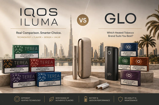 IQOS ILUMA vs GLO heated tobacco comparison in Dubai with TEREA packs and premium devices.