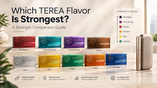 TEREA flavor strength comparison guide showing multiple TEREA packs arranged by different strength levels.