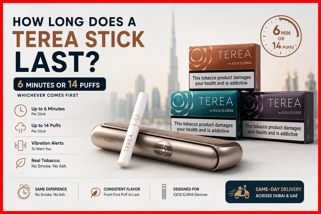 TEREA stick for IQOS ILUMA showing a 6-minute or 14-puff session limit, with TEREA packs and IQOS device against a Dubai skyline.