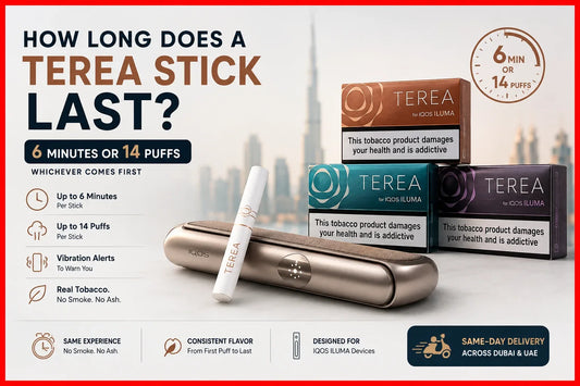 TEREA stick for IQOS ILUMA showing a 6-minute or 14-puff session limit, with TEREA packs and IQOS device against a Dubai skyline.
