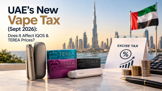 UAE vape tax in September 2026, showing IQOS and TEREA products with an excise tax graphic, coins, calculator, and Dubai skyline.