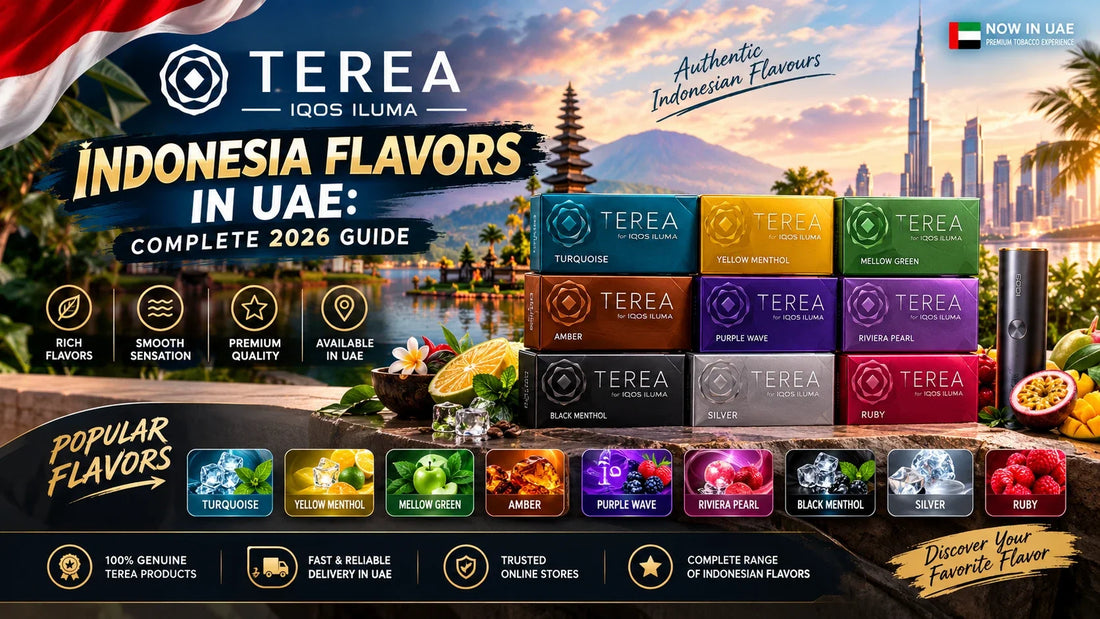 TEREA Indonesia flavors in UAE complete 2026 guide showing authentic Indonesian TEREA packs with the Dubai skyline