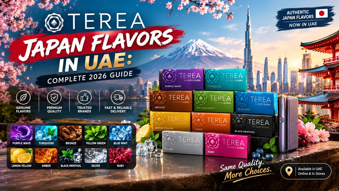TEREA Japan flavors in UAE complete 2026 guide showing genuine TEREA Japan packs with Mount Fuji and the Dubai skyline
