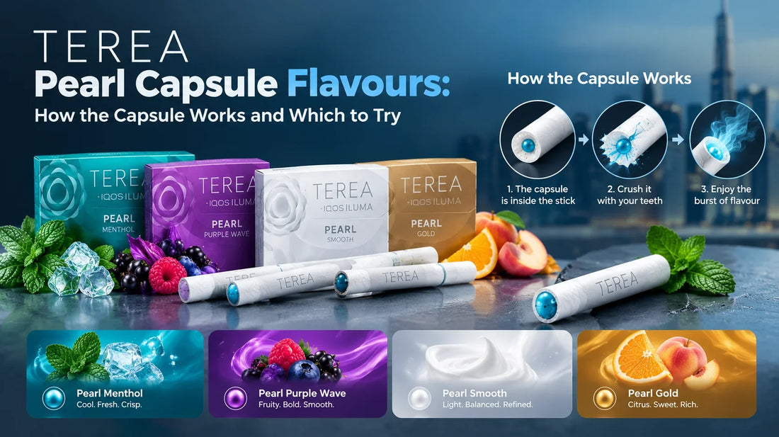 TEREA Pearl capsule flavours with a step-by-step illustration of how the flavour capsule works and a comparison of different varieties.